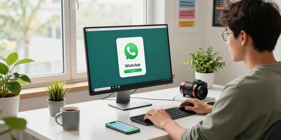 Using WhatsApp電腦版 on a modern workspace desk with vibrant lighting.