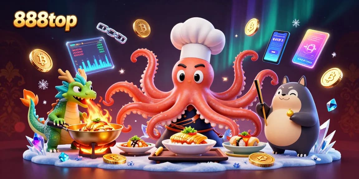 Immerse in 888top’s vibrant casino world with octopus chef and dragon serving up golden dishes alongside crypto elements.