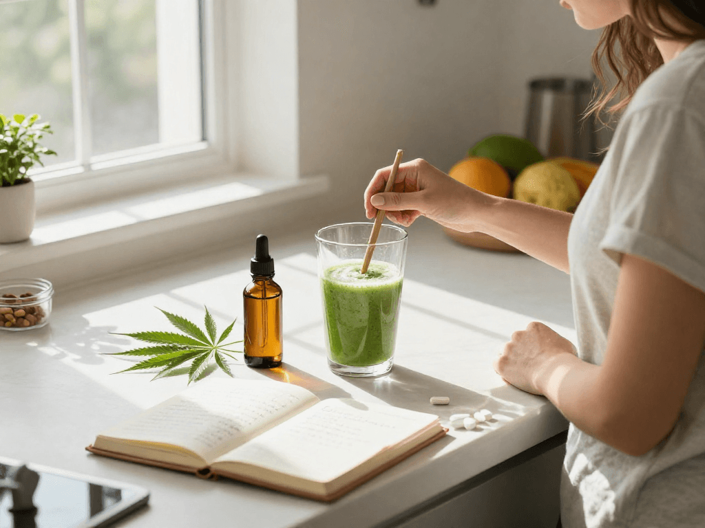 Buy edibles online with premium CBD oil and fresh hemp in a healthy lifestyle kitchen.