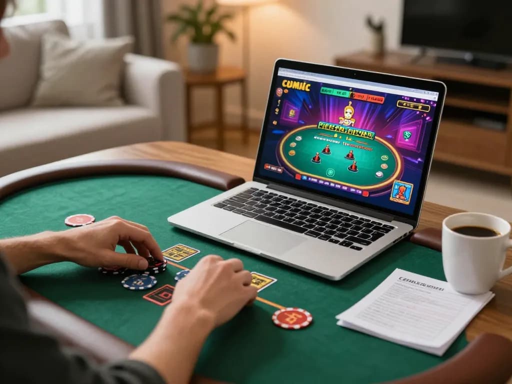 Engaging in online poker game at home with https://s8inc.com/ on laptop, showcasing strategic gameplay.