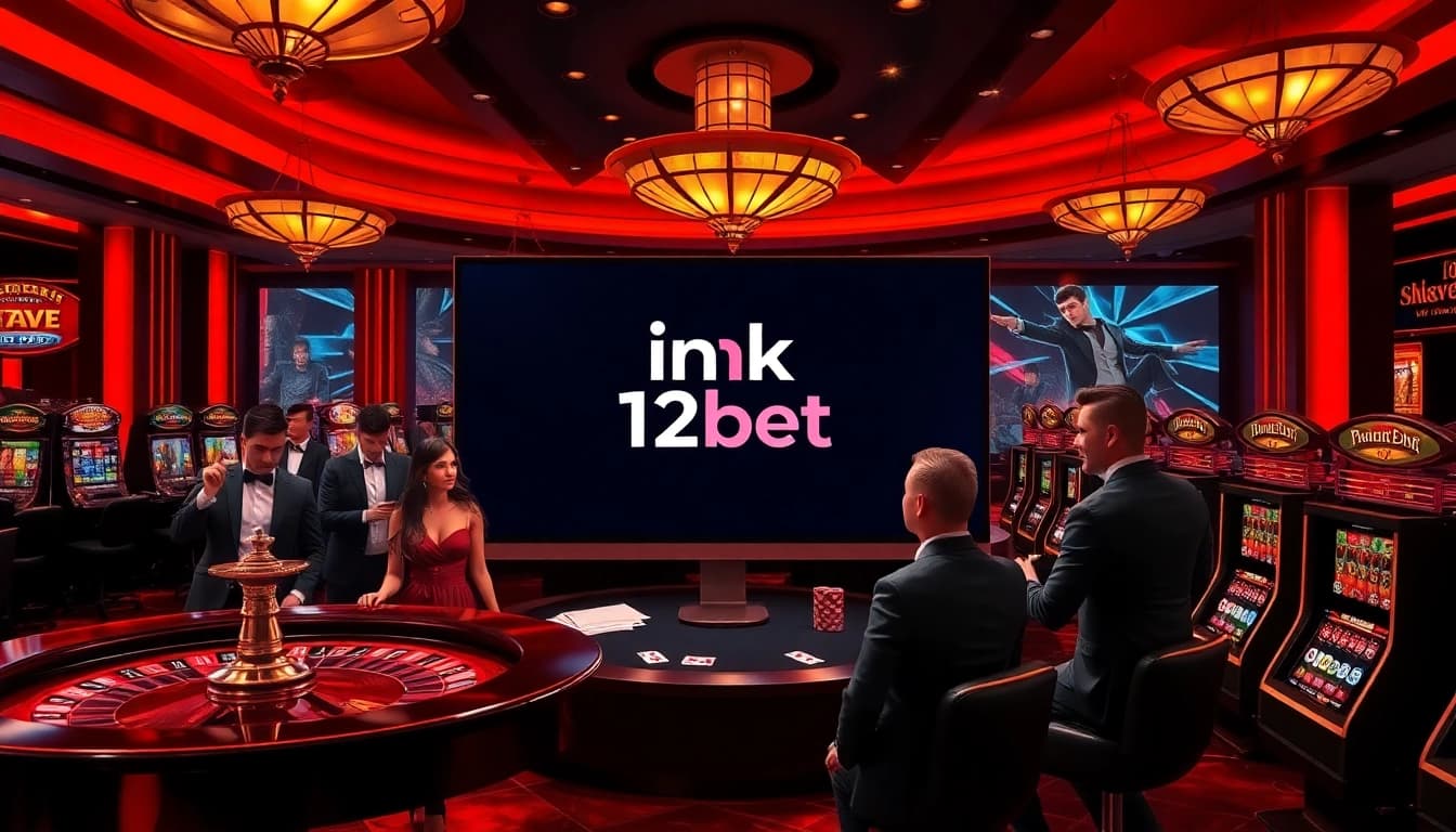 Engaging casino scene showcasing the excitement of ink vao 12bet with roulette wheel, poker cards, and vibrant slots.