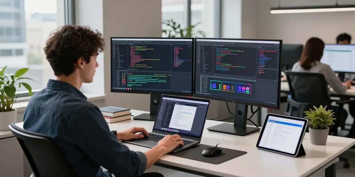 Developer in a modern workspace focused on coding, representing telegram官网 innovation in tech.