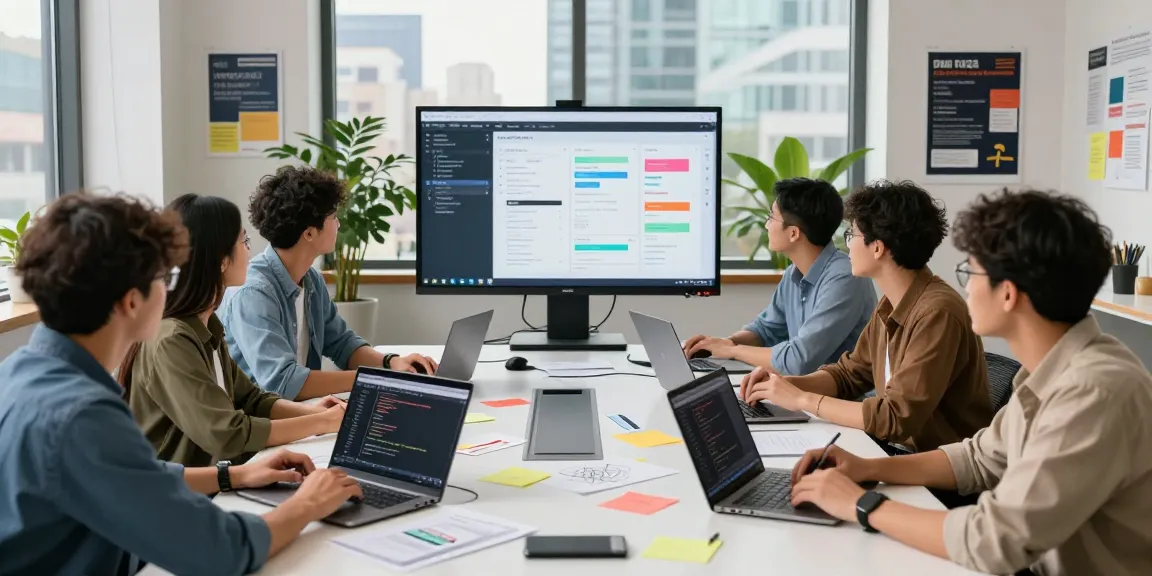 Team collaborating in a modern tech workspace, showcasing innovative design processes with telegram官网 branding elements.