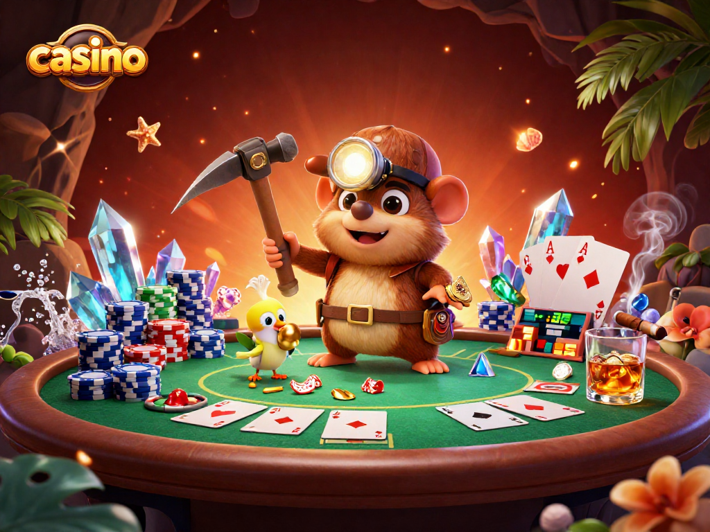 Casino-themed illustration showcasing a mole and canary in a vibrant gaming scene.