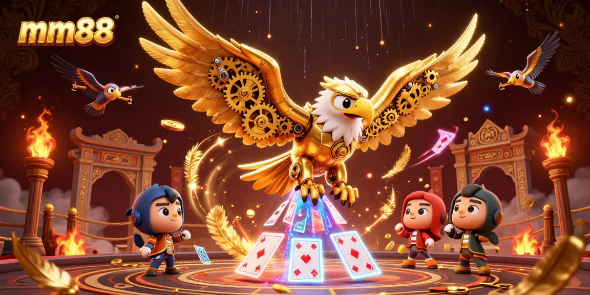 Engage with mm88's thrilling casino atmosphere featuring a cybernetic eagle soaring through holographic playing cards.