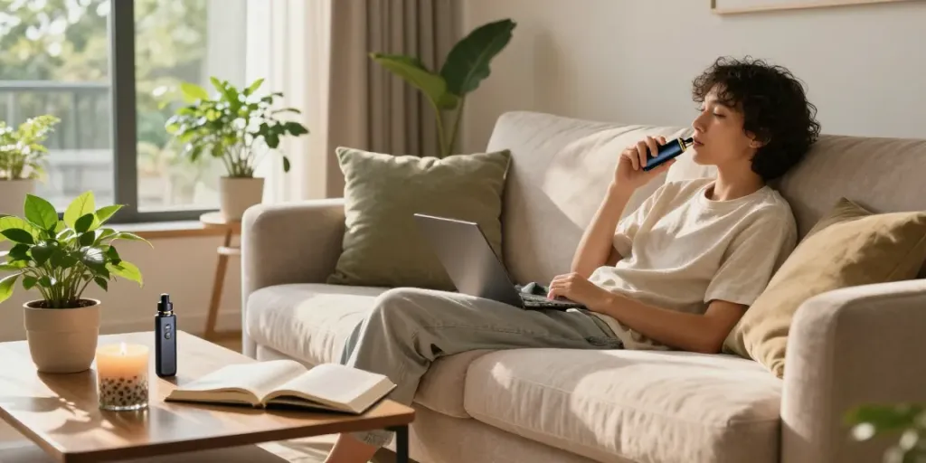 Enjoying packwoods carts vape in a stylish, cozy living room.