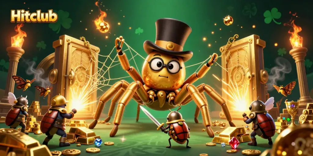 Engage in Hitclub's casino adventure with a golden tarantula and beetle knight amidst treasures.