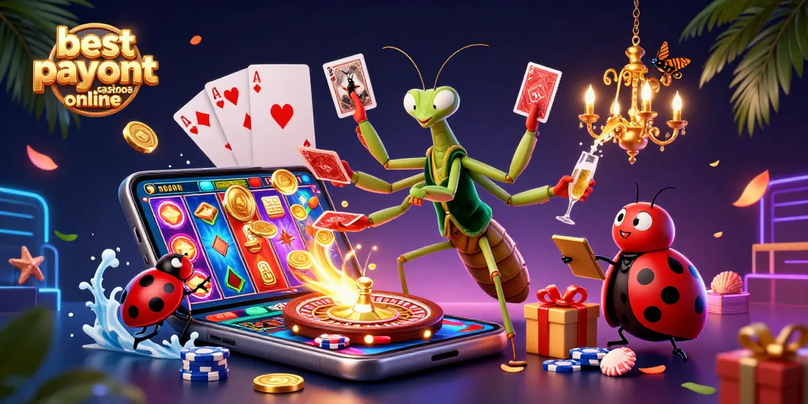 Engaging scene of the best payout casinos online showcasing a mantis dealer and ladybug pit boss.