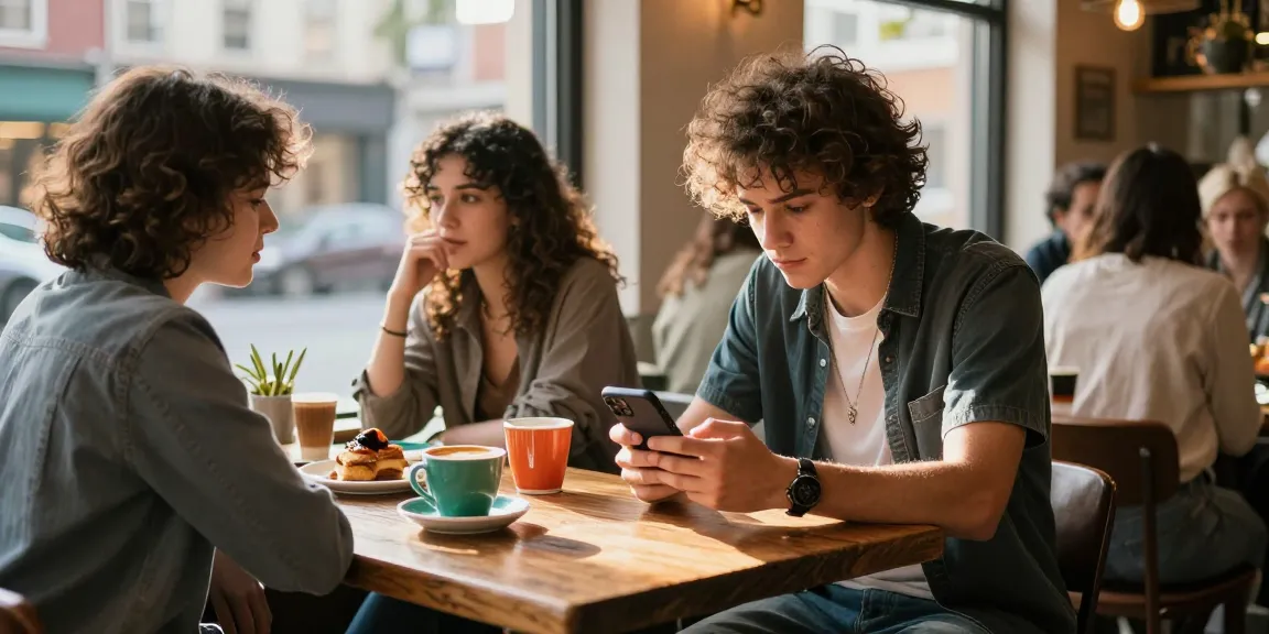 Browsing NSFW content on a smartphone in a trendy coffee shop with friends.