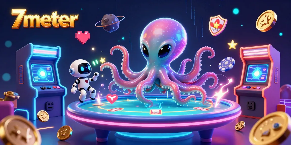 7meter casino scene showcases an alien octopus engaging in poker with vibrant gaming elements.
