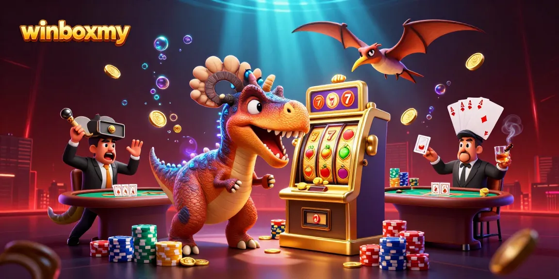 Experience winboxmy excitement as a dinosaur headbutts a slot machine, coins raining down in a vibrant casino scene.