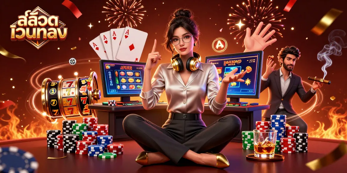Engaging with สล็อตเว็บตรง slot games, an elegant Asian woman hosts a high-tech gaming scene.