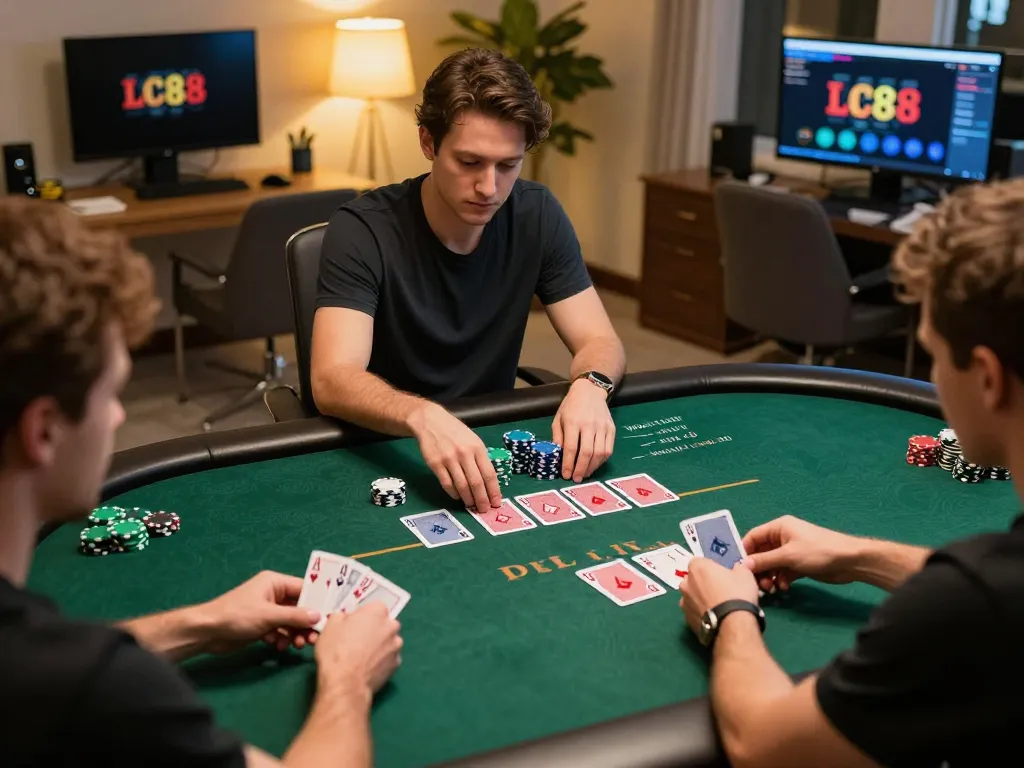 Engaging in strategic blackjack gameplay at LC88 online casino with focused players.