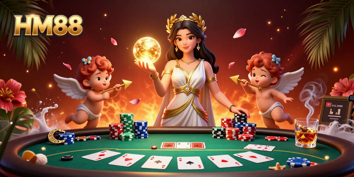 Engage with HM88 in this vibrant scene featuring a goddess, Cupid, and poker elements.