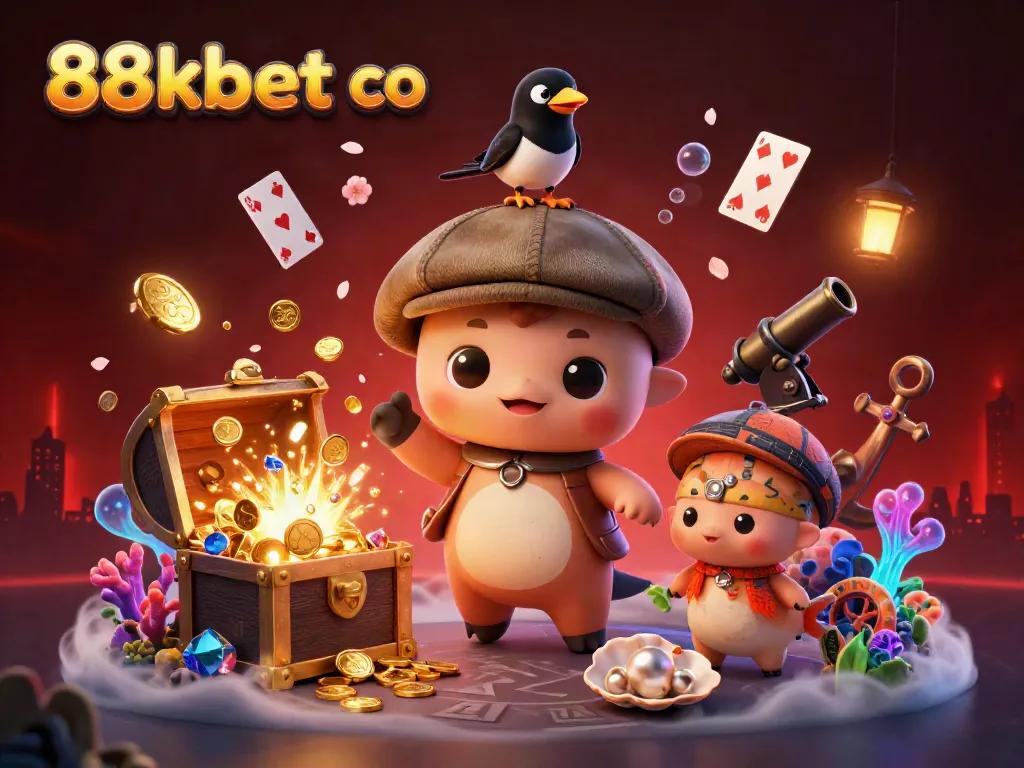 Experience the magic at 88kbet co with this vibrant 3D casino illustration featuring playful characters.