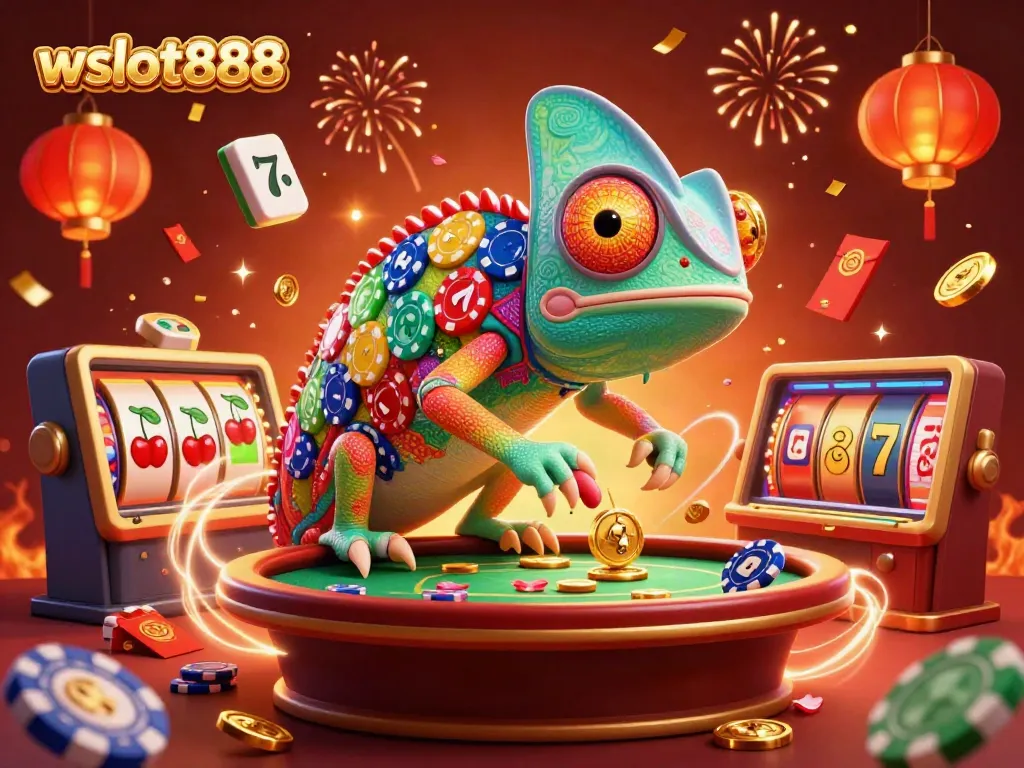 Mainkan wslot888 dengan chameleon kasino besar dan simbol keberuntungan mengelilinginya.