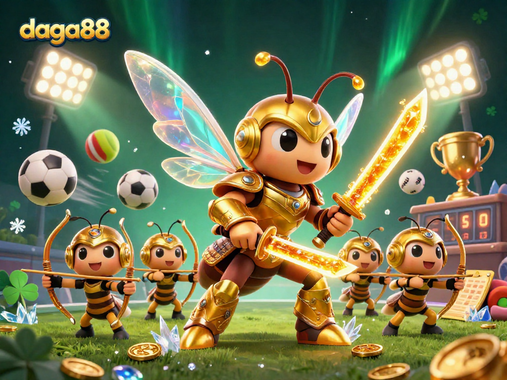 Daga88 showcases dynamic betting action with golden hornet warriors and sports elements in a vibrant casino setting.