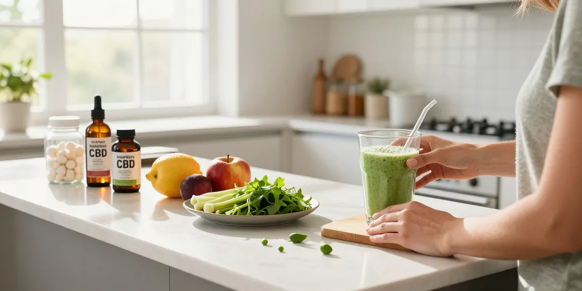 Hempworx CBD Oil Reviews showcased with organic ingredients in a bright and healthy kitchen setting.