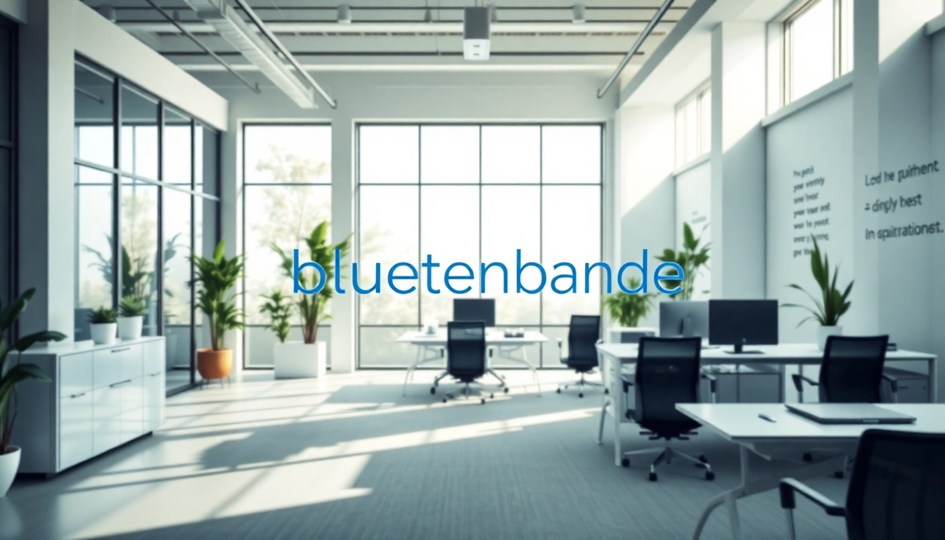 Die Marke bluetenbande wird in einem modernen Büro-Setting präsentiert, das Kreativität und Professionalität ausstrahlt.
