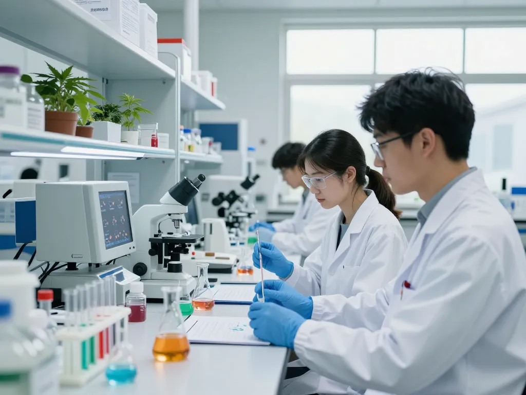EU cannabinoid manufacturer researchers analyzing cannabinoid compounds in a modern lab.