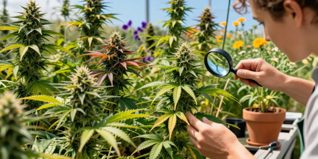 Exotic strains UK garden scene with vibrant cannabis plants showcasing colorful blooms and lush greenery.