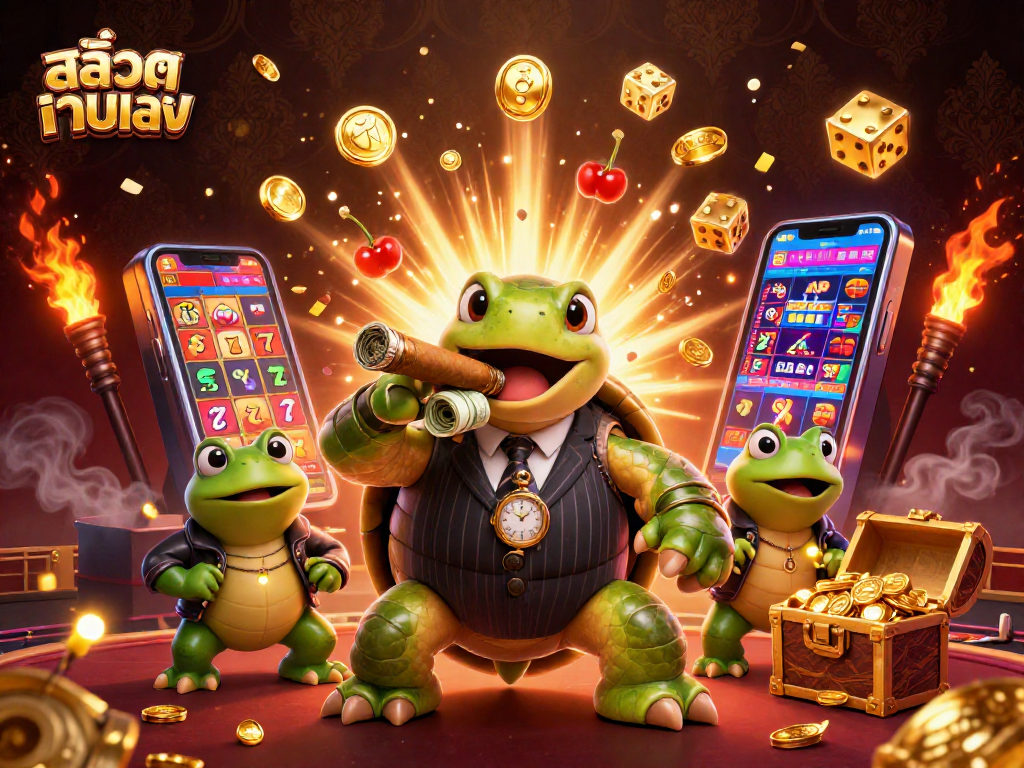 Spin the สล็อตเว็บตรง jackpot with a vibrant 3D casino illustration featuring a turtle and bullfrog characters.