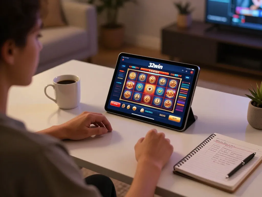 Player engaging with the 32win casino app, emphasizing strategic online gaming experience in a cozy environment.