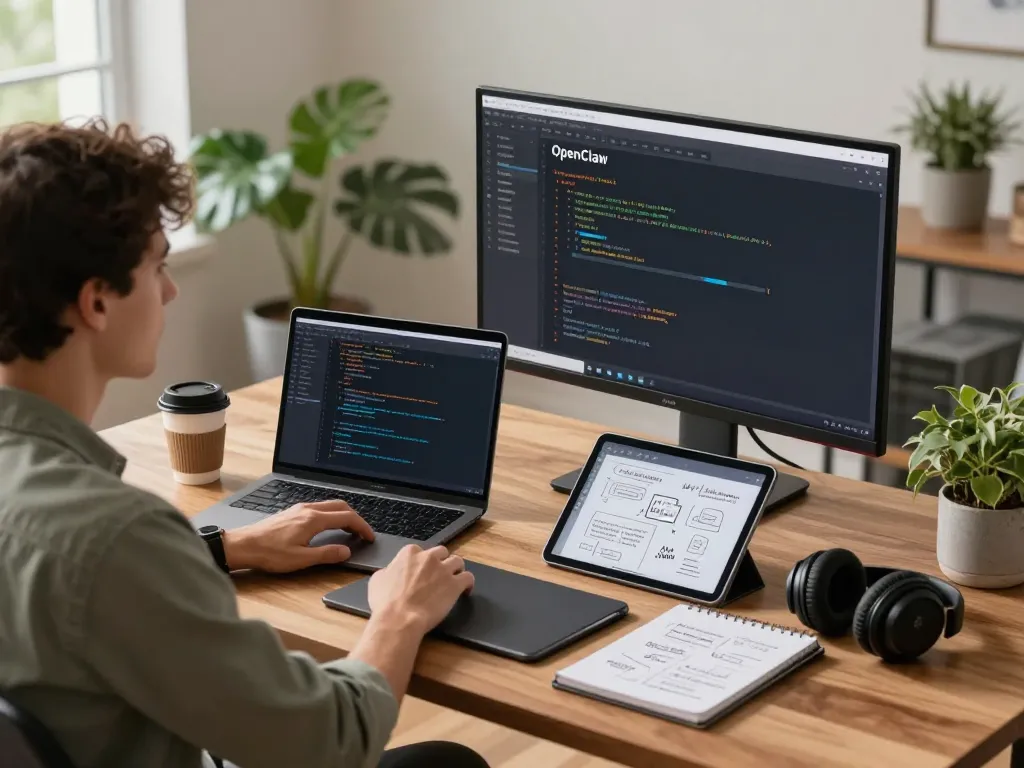 OpenClaw interface displayed on a computer screen in a modern workspace, showcasing personal AI assistant capabilities