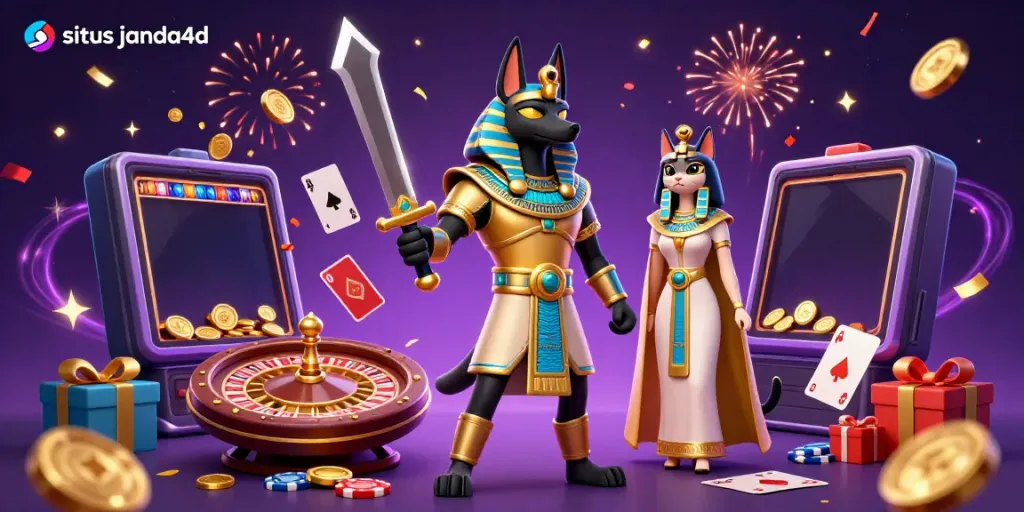 Gambarkan pengalaman judi di situs janda4d dengan Anubis dan Bastet di tengah permainan slot.