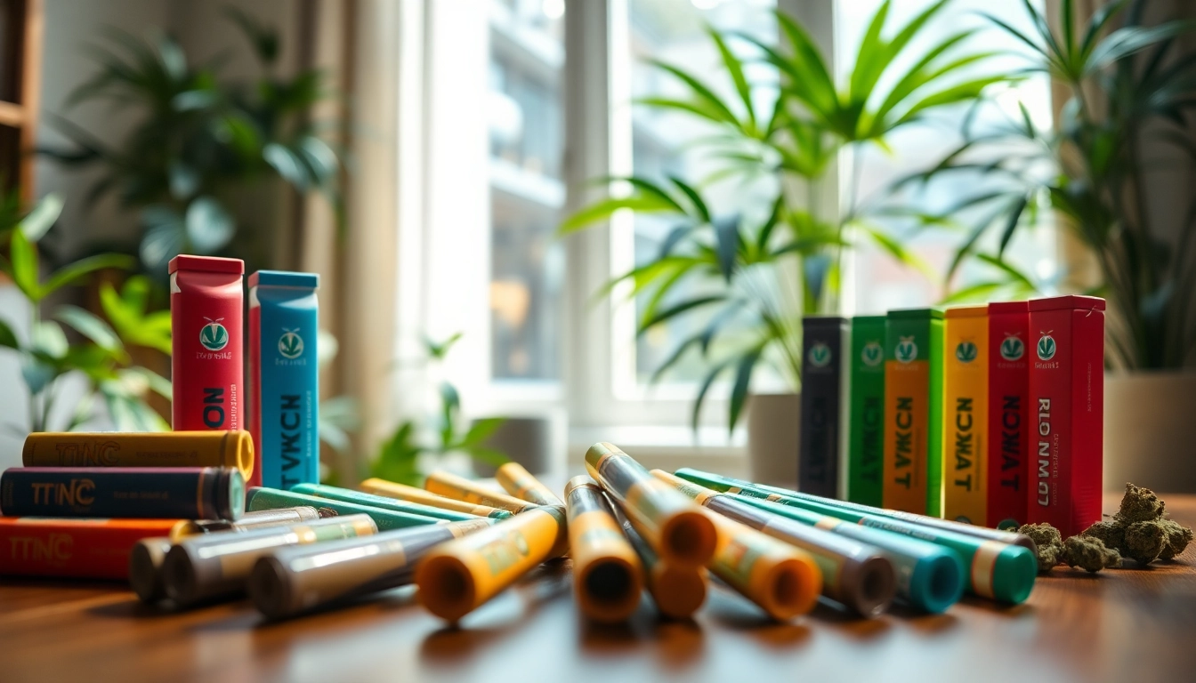 Showcase of vibrant thc pre rolls uk elegantly arranged, exuding a relaxed atmosphere.