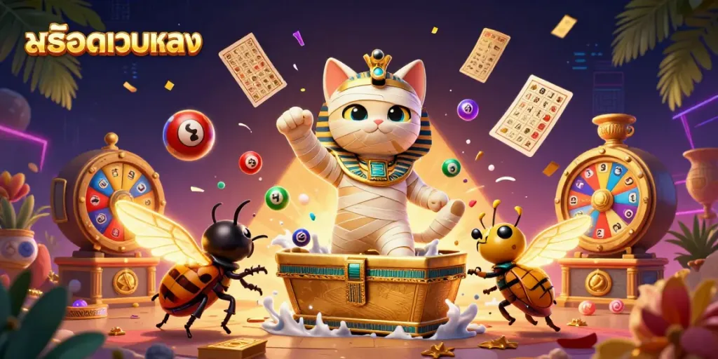 Experience สล็อตเว็บตรง with an Egyptian mummy cat and colorful lottery elements in a vibrant casino.