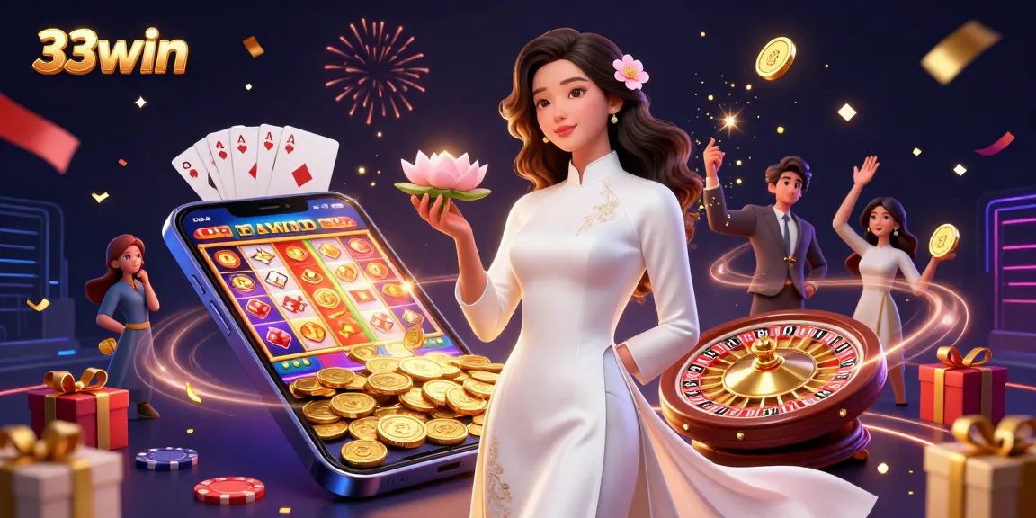 Experience the thrill of 33win with vibrant 3D gaming elements and a graceful character.
