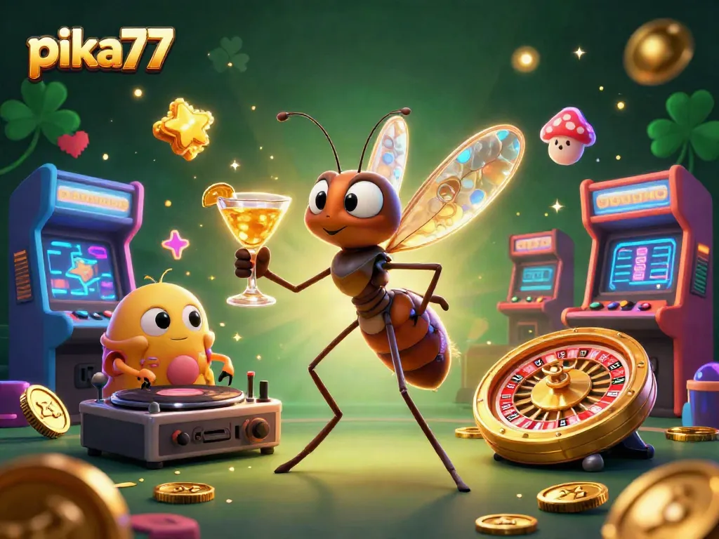 Engage with pika77 in a vibrant, dynamic casino scene featuring a frozen insect mascot, spinning DJ, and roulette wheel.