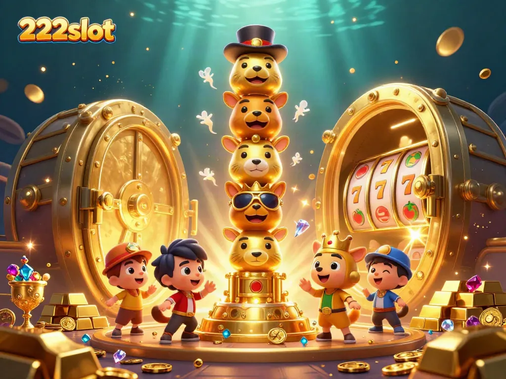 Gambarkan permainan slot menarik di 222slot dengan simbol berwarna-warni dan totem emas cantik.