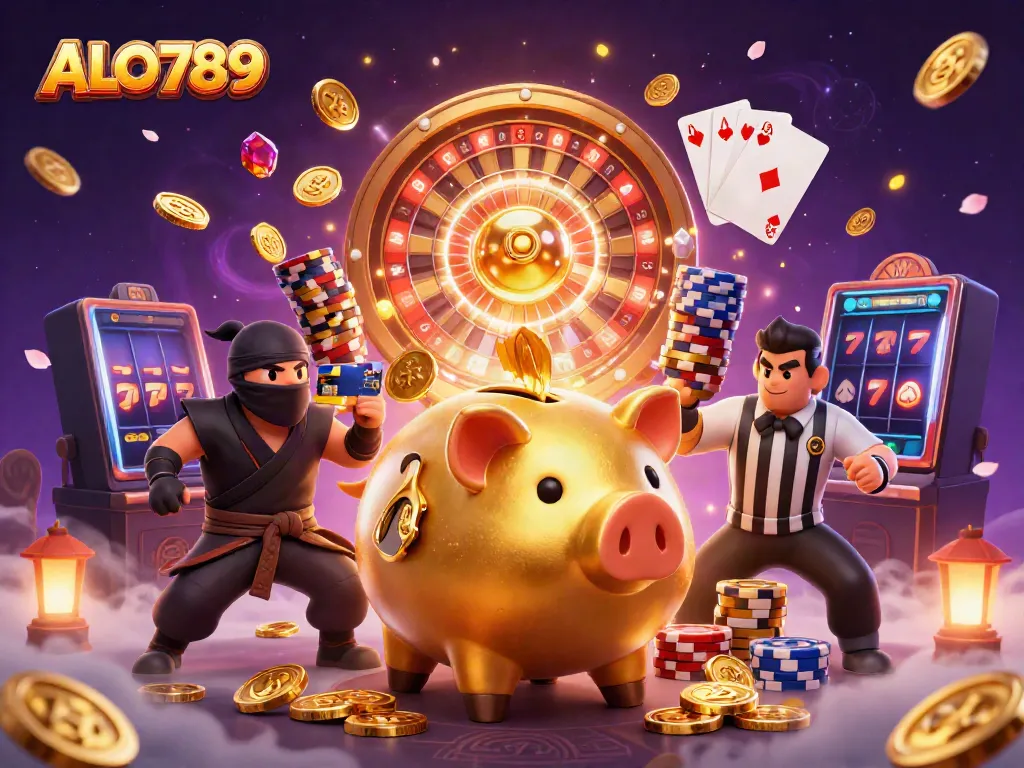Experience thrilling ALO789 gambling action with this vibrant illustration featuring dynamic characters and exciting casino elements.