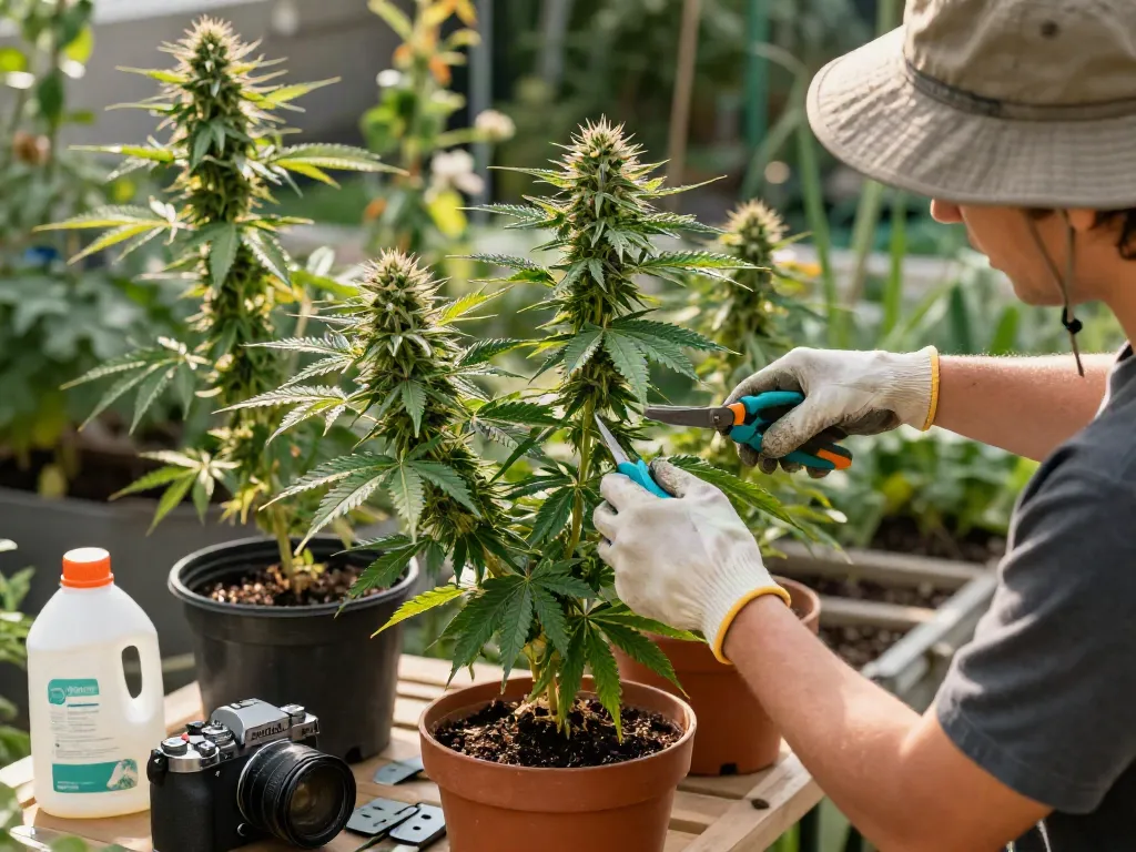 Feminised cannabis genetics grower caring for healthy plants in outdoor garden.
