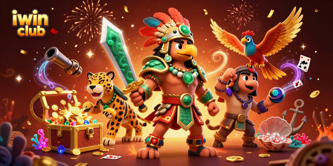 Engage in thrilling gameplay with iwin club, featuring dynamic 3D illustration of casino warriors and treasure.