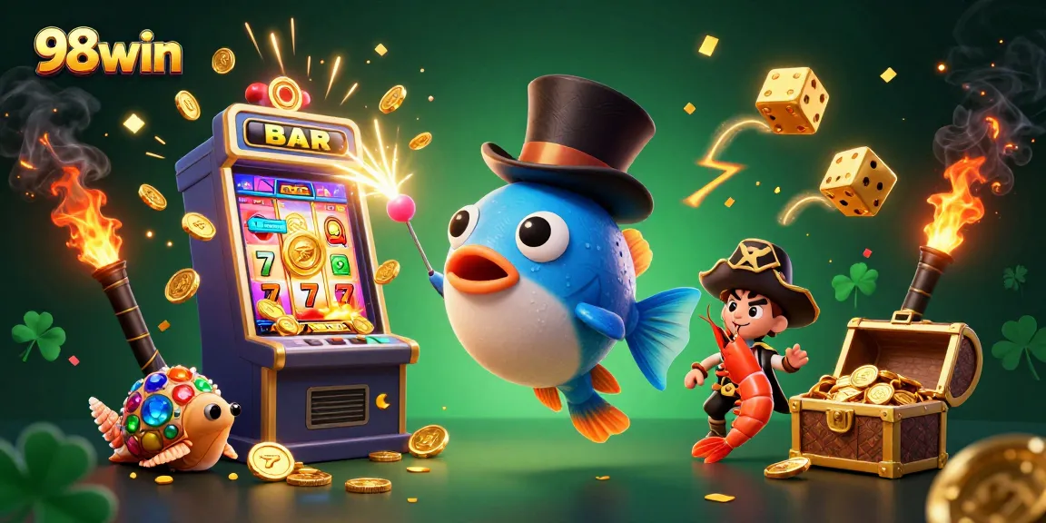 Experience the excitement of 98win with a vibrant casino scene featuring an anglerfish, shrimp, and treasure.