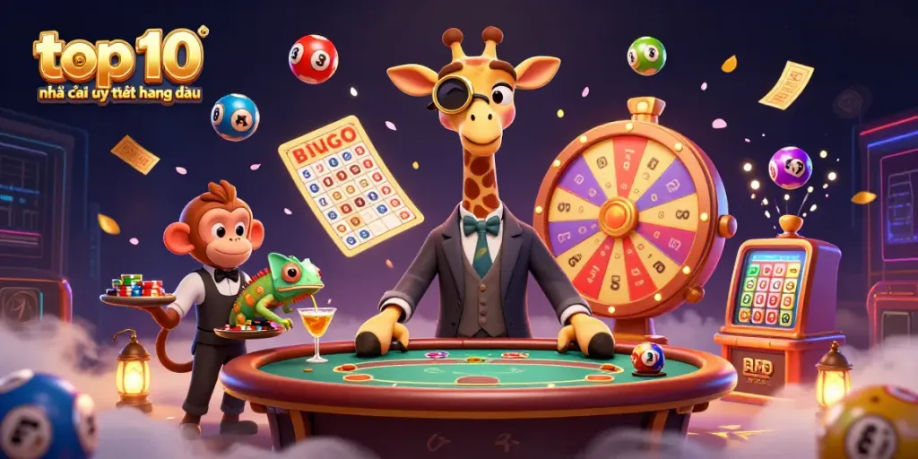 Engaging scene of a high-roller giraffe and monkey valet celebrating at the top 10 nhà cái uy tín hàng đầu.
