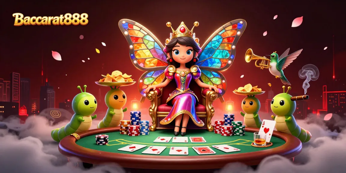 Baccarat888 showcases a dynamic illustration of a whimsical butterfly queen amid vibrant poker elements, highlighting exciting gameplay.
