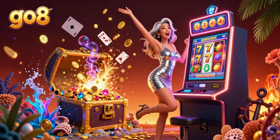 Experience the excitement of go8 with a dazzling Asian woman celebrating a jackpot in a vibrant casino scene.