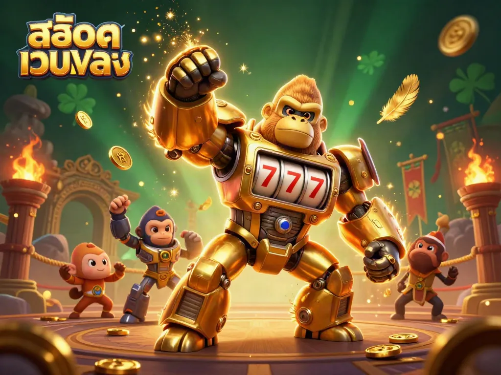 Engage in สล็อตเว็บตรง gaming with a dynamic illustration of a golden gorilla mech and slot machine elements.