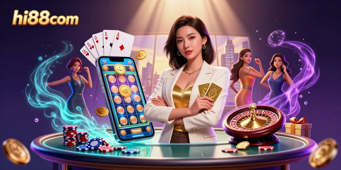 Play exciting games at hi88com with a glamorous character showcasing a golden deck of cards.