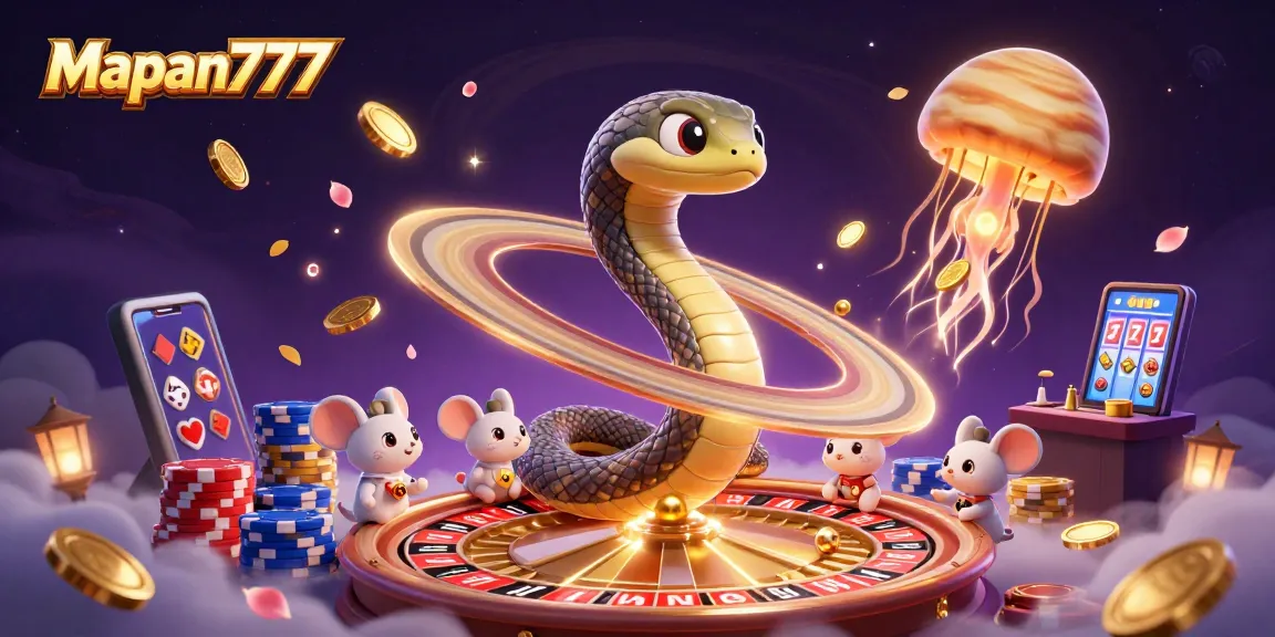Mapan777 showcases a vibrant 3D casino scene with astronauts placing bets on a roulette wheel.