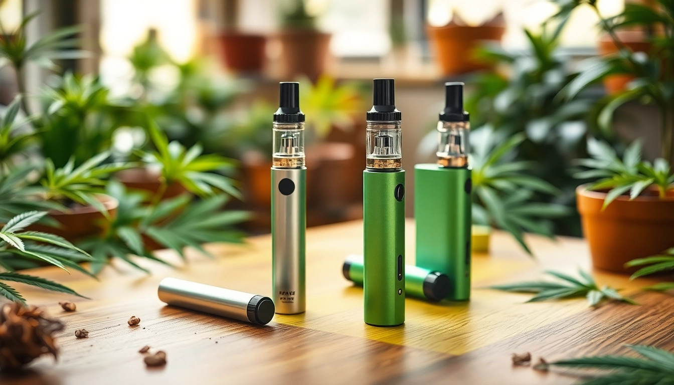 Buy high-quality disposable vapes showcased on a cannabis-themed table, with rich textures and vibrant colors.