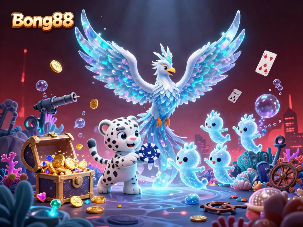 Bong88's vibrant casino illustration showcases an ice phoenix, snow leopard, and glowing elements, embodying a festive atmosphere.