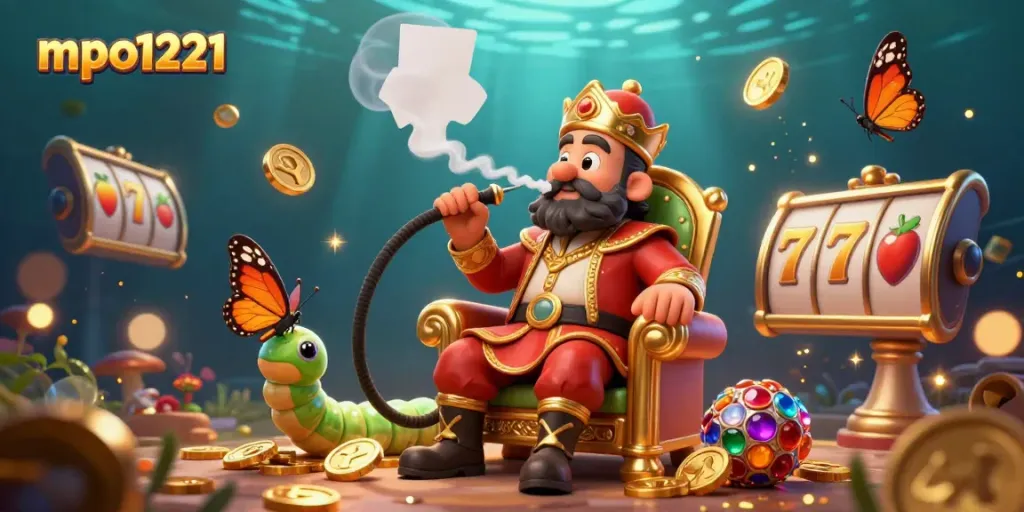 Experience the excitement of mpo1221 with a vibrant underwater casino scene featuring a caterpillar poker master.