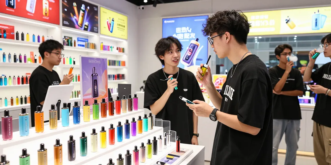 Vapes Spanien: Junge Erwachsene erkunden eine moderne Vape-Shop-Umgebung mit bunten Einweg-Vapes.