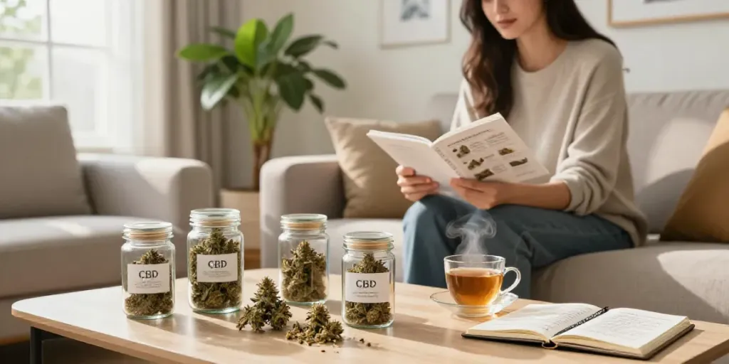 Explore premium CBD Blüten kaufen in a cozy living room with jars of flowers and a selection guide.