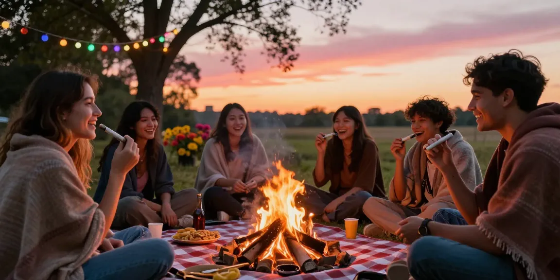 Friends enjoying pre rolled THC joints around a cozy bonfire at sunset.